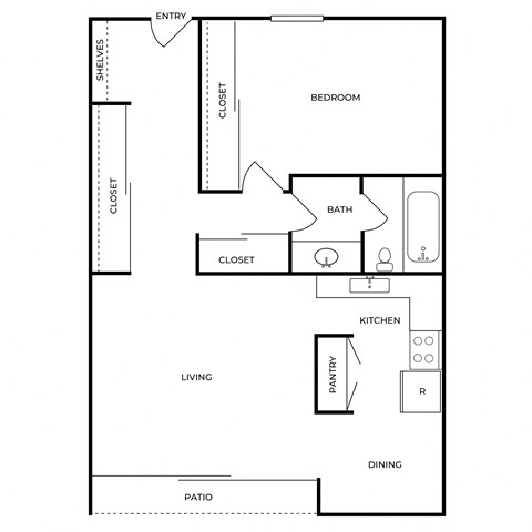Floor plan for 1 bed, 1 bath, 714 sqft